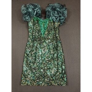 Dave & Johnny VTG 80s Green Sequin Statement Puff Sleeve Peep Hole Dress Size S